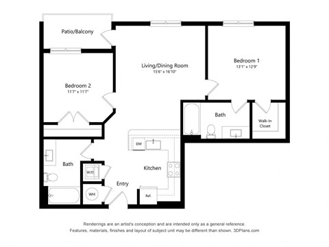 Floor plan for 2 beds, 2 baths, 970 sqft
